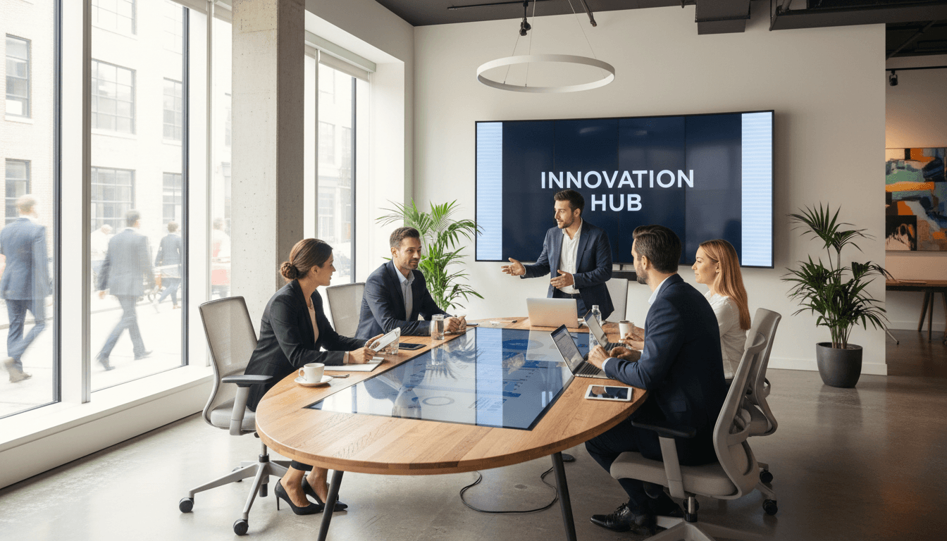 Business team meeting in modern office with natural lighting and laptops.