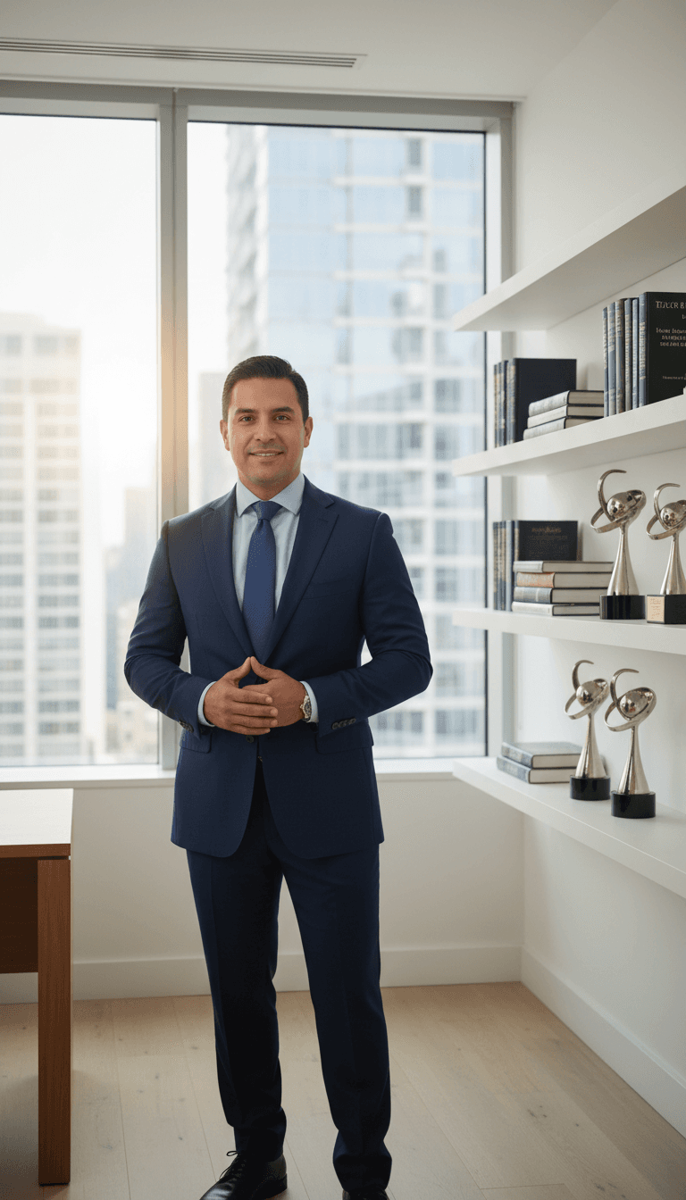 Confident Latino business consultant standing in modern office with urban skyline visible through window behind him