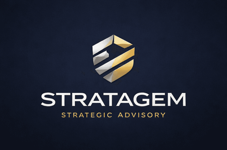 Faceted gold and silver shield logo for Stratagem Strategic Advisory on a dark navy background.