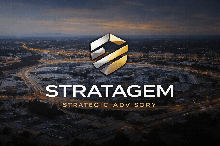 Stratagem Strategic Advisory logo over an aerial view of a city at dusk with lights.